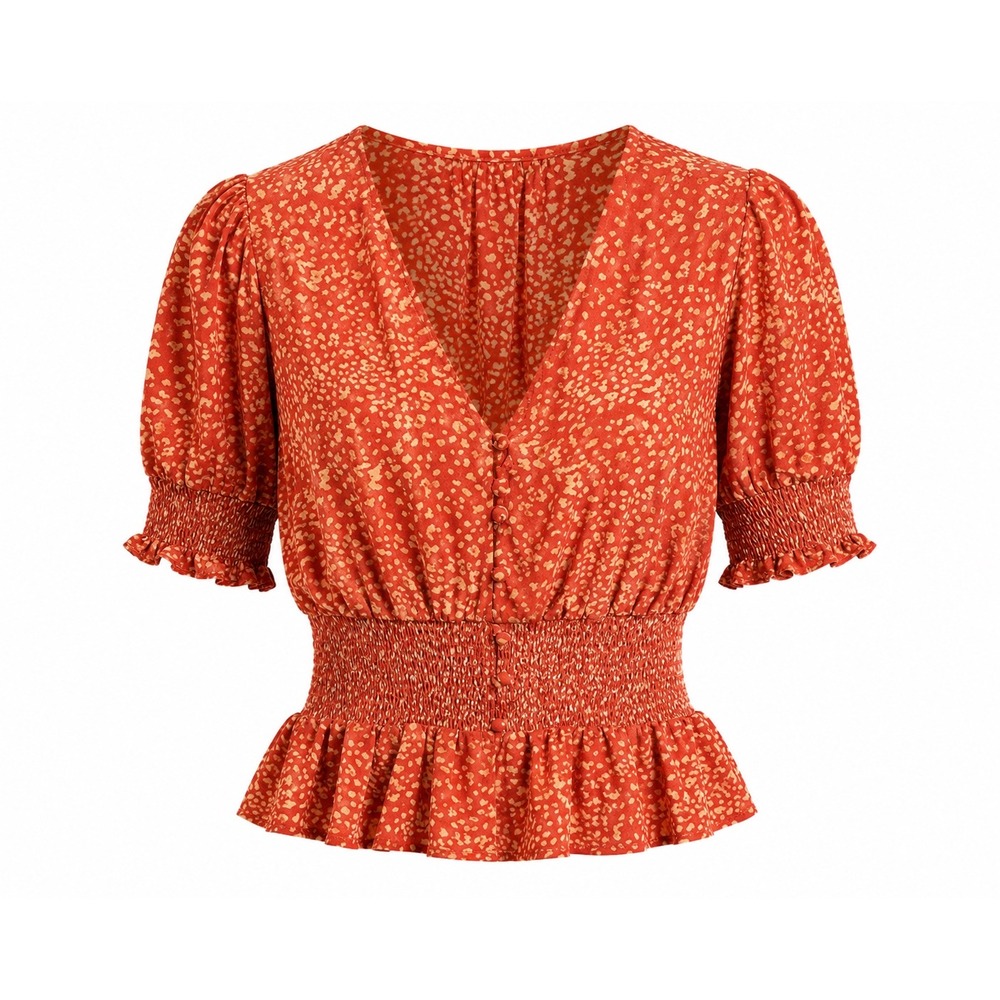 Sienna Sky Orange Smocked Peplum top V-Neck Blouse Small boho desert chic